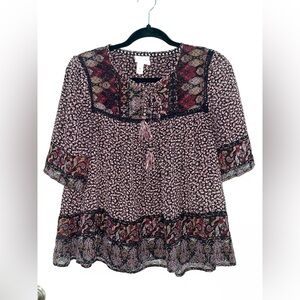 Knox Rose Black and Pink Paisley ShortSleeve Boho Blouse